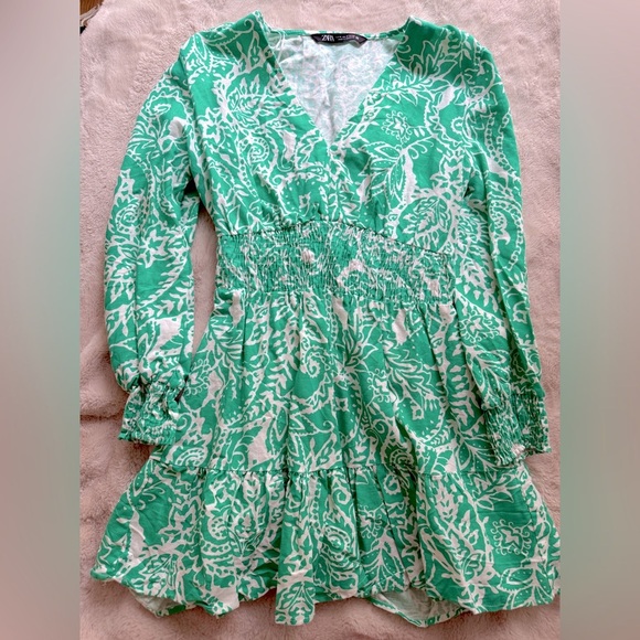 NWOT Zara Linen Blend Tropical Print Ruffled Dress Green 3/4 Sleeve Size M - Picture 10 of 13